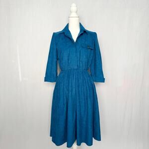 Reworked Vintage 80s S.L. Petites Blue Suede-Look Midi Dress, Size 8